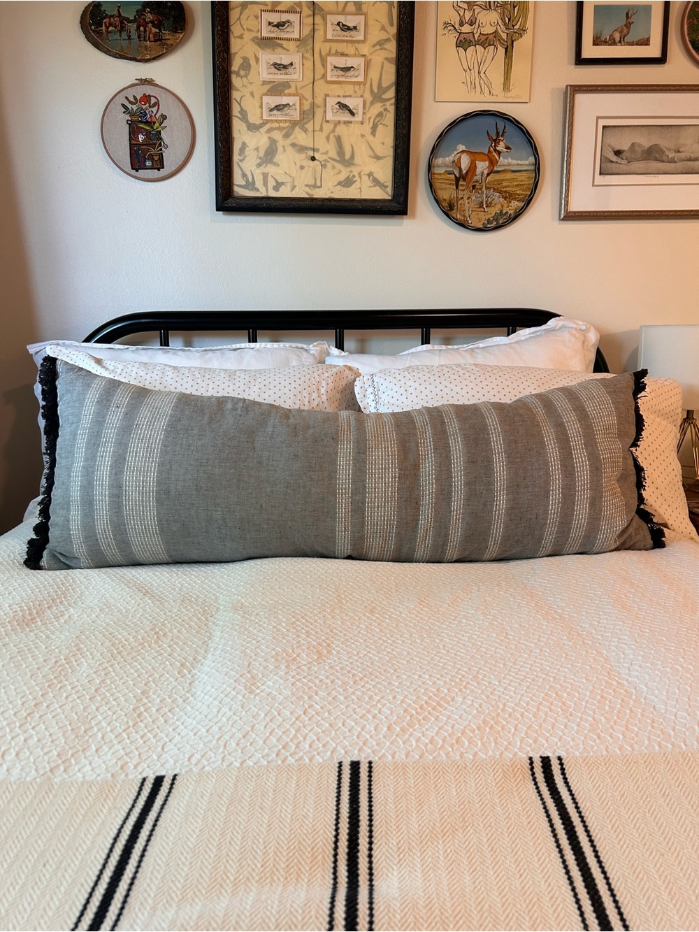 Hearth & Hand Gray Striped Lumbar Pillow with Black Fringe 41”x15” Bed Decor